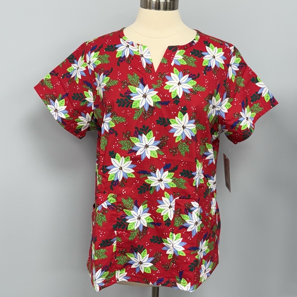 NWT Buttersoft Winter Floral Scrub Top L Red Christmas Poinsettia Scrub Uniform